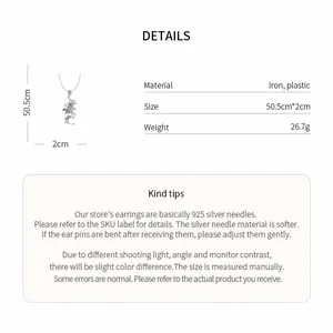 Detail view showing necklace dimensions, iron and plastic materials, and 26.7g weight.