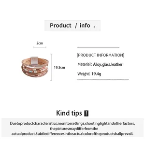 Detail view of multilayer leather bracelet with magnetic clasp and product dimensions