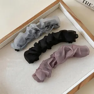 Elegant mesh pleated banana clips in grey, black, and dusty pink for ponytails accessory