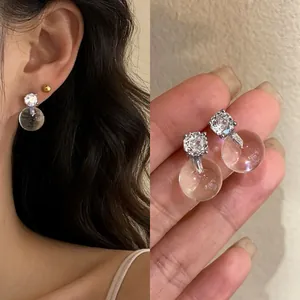 Orecchini a Bottone con Sfera di Vetro Trasparente in Stile Francese Minimalista con Strass Argento Gioielli Eleganti Donna