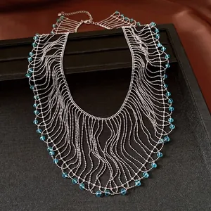 Vintage crystal bead fringe necklace with multi-layer silver chains for elegant style
