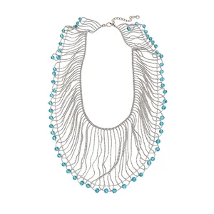 Vintage style multi-strand silver bib necklace featuring elegant blue crystal beads