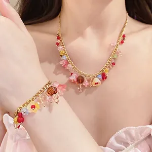 Boheems Roestvrij Staal Bloem Kwastje Ketting en Armband Combinatie Zoete Hars Bloemen Sieraden voor Dames