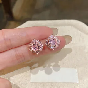 Vista dettagliata degli orecchini a lobo in zircone rosa tenuti dalle dita per l'esposizione.