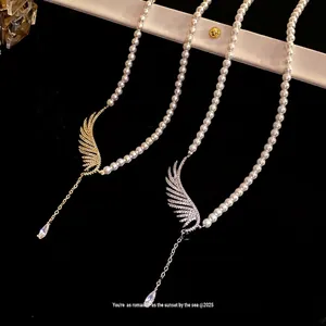 Retro Elegant Zirconia Artificial Pearl Wing Water Drop Pendant Necklace Lightweight Luxury Jewelry For Women