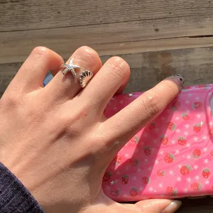 Resort Stil Seestern Muschel Offener Verstellbarer Ring Kupfer Strass Mode Ozean Schmuck Für Damen Sommer Strand Accessoires