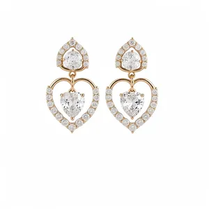 Élégantes boucles d'oreilles en or rose avec double cœur et zircons pour femmes