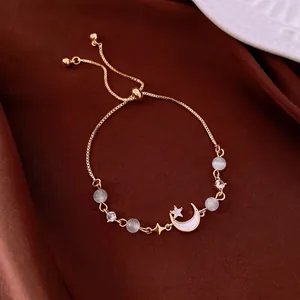 French Vintage Adjustable Gold Tone Moon Star Pendant Bracelet With Cat's Eye Stone Zirconia For Women Light Luxury Jewelry