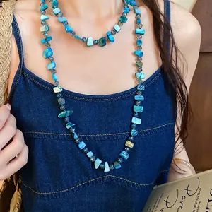 Chic layered necklace with blue square shell beads and crystal accents for women