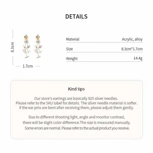 Detailed specifications for white floral acrylic tassel earrings with 8.3cm drop length