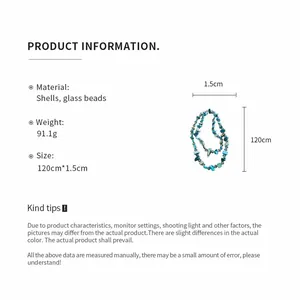 Detailed specifications for shell and glass bead necklace showing size and material info