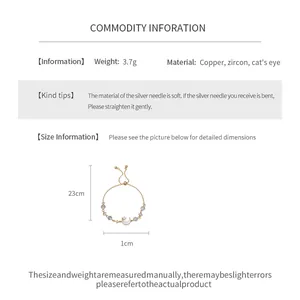 Detailed specifications of the zircon cat's eye moon bracelet showing dimensions