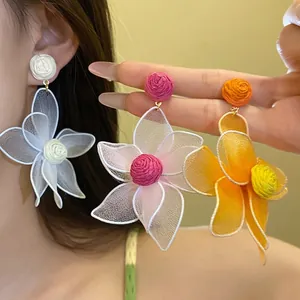 Sweet Dopamine Mesh Flower Drop Earrings With Silver Earring Post Large Pink White Orange Floral Jewelry For Women Vacation