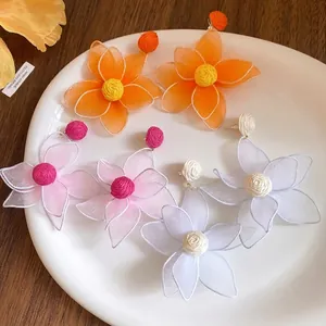 Elegant mesh fabric flower earrings set in vibrant dopamine colors for fashion-forward women