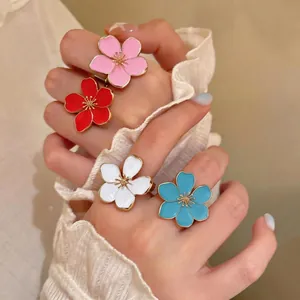 Women Flower Adjustable Open Ring Gold Plated Enamel Drip Oil Floral Index Finger Ring Elegant Niche Design Jewelry Accessory