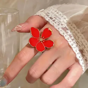Elegant gold-plated red enamel flower open ring with adjustable band for women