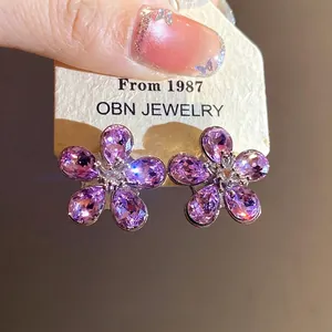 Elegant purple crystal flower stud earrings with S925 silver needles
