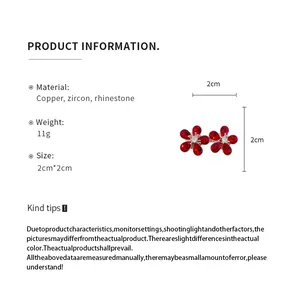 Product information and size dimensions for red flower rhinestone stud earrings.