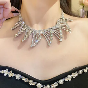 Exquisite silver-toned rhinestone fringe collar necklace with brilliant sparkle stones