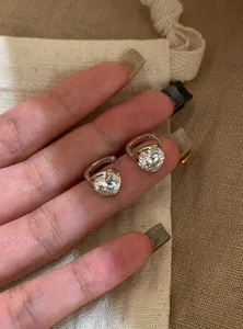 Close-up detail of sparkling round zirconia ear buckles in a silver-toned setting