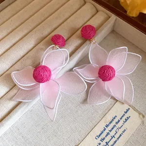 Detailed macro shot of pink mesh flower earrings featuring an intricate woven pink center.