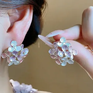 Elegant sweet purple enamel flower stud earrings with silver needles for jewelry