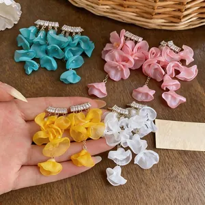 Vacation Style Chiffon Tassel Flower Earrings With 925 Sterling Silver Earring Post Rhinestone Long Dangle Stud Earrings For Women