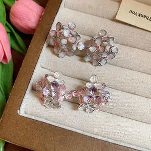 Elegant handmade floral stud earrings with sweet pink and purple enamel drip oil finish