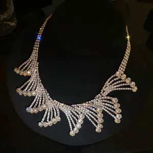 Close-up of exquisite rhinestone hollow lace necklace with sparkling crystal details