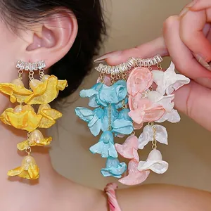 Elegant chiffon flower tassel earrings with zircon studs for summer vacation style.