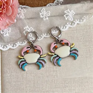 Cute cartoon crab drop earrings with colorful enamel and silver hoops