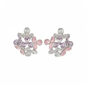 Elegant silver-tone flower stud earrings with pink and purple enamel finish