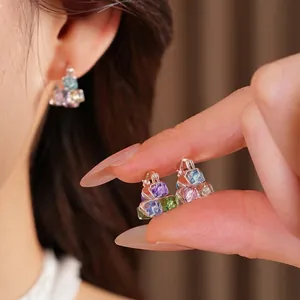 Elegant colorful geometric glass square earrings with minimalist silver-tone design