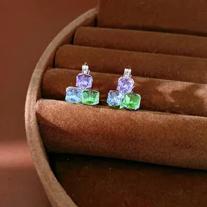 Minimalist multi-color geometric square crystal clip earrings for women