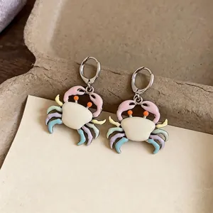 Cute colorful enamel crab hoop earrings with silver-toned finish for women