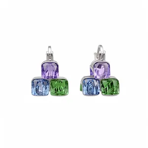 Elegant geometric square glass earrings featuring purple, blue and green stones in silver