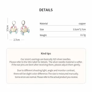 Detailed specifications for colorful enamel crab drop earrings with measurements and material info