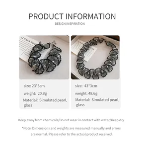 Detailed product specifications for the beaded lace necklace with simulated pearls.