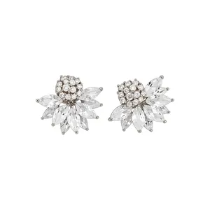 Elegant vintage floral crystal clip-on earrings for women with silver finish