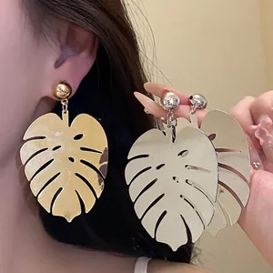 Orecchini Pendenti Vintage a Foglia di Monstera per Donna Gioielli in Ferro Metallo Intagliato Con Perno in Argento per Festa