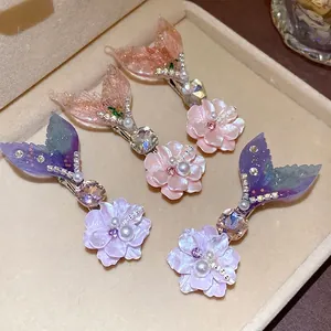 Sparkly mermaid tail flower hair clips with rhinestones and pearls for women