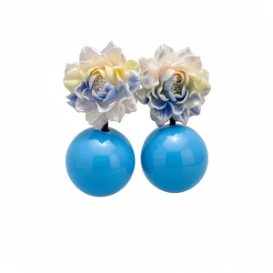 Chic floral resin stud earrings featuring large blue round beads and s925 silver needles