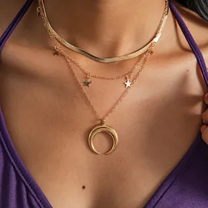 European Alloy Multi Layered Necklace Gold Silver Snake Chain Moon Star Pendant Choker For Women Personalized Fashion Jewelry