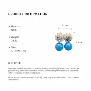 Detailed specs for blue resin flower ball earrings showing 5.1cm height and 22.2g weight.