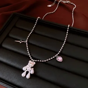 Sweet pearl bear pendant necklace with pink heart zircon and star charm accessory chic
