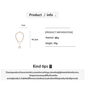 Detail specifications of multi-layer moon and star necklace with size and material info.