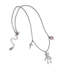 Cute silver ball chain necklace with pearl teddy bear, star and pink heart pendant