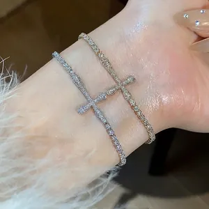 18K Gold Plated Copper Zirconia Cross Bracelet For Women European Fashionable Minimalist Sparkly Tennis Chain Hand Jewelry Gift