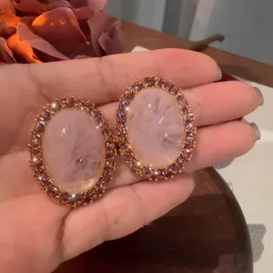 Orecchini a Bottone Ovali di Lusso con Strass da Donna Stile Corte Vintage Oro Rosa Acrilico Intarsiato Gioielli Regalo