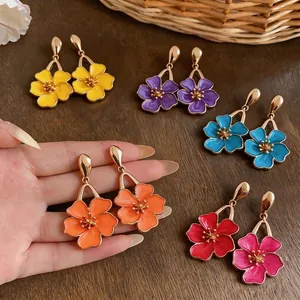 Sweet vacation style enamel flower drop earrings in vibrant dopamine colors for women